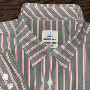 Johnnie-O Mens Olive Green Pink Stripe Button Down Hanging out Shirt LS